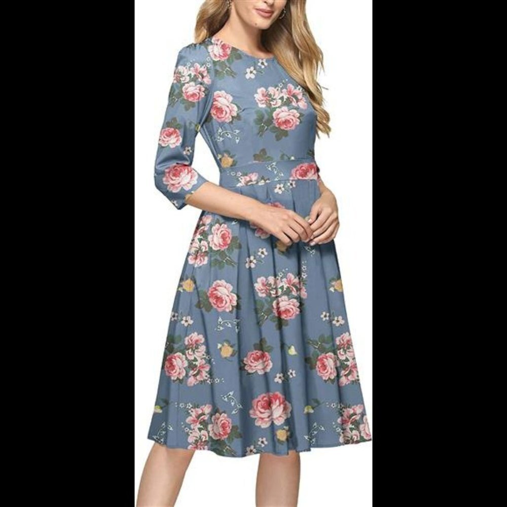 Women's Floral Vintage Dress Elegant Midi Evening Dress 3/4 Sleeves
